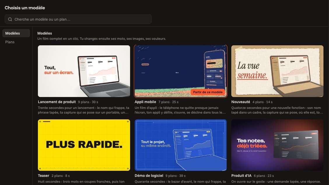 La bibliothèque de l'éditeur ouverte sur les modèles : une affiche par modèle, avec son nom et sa durée.