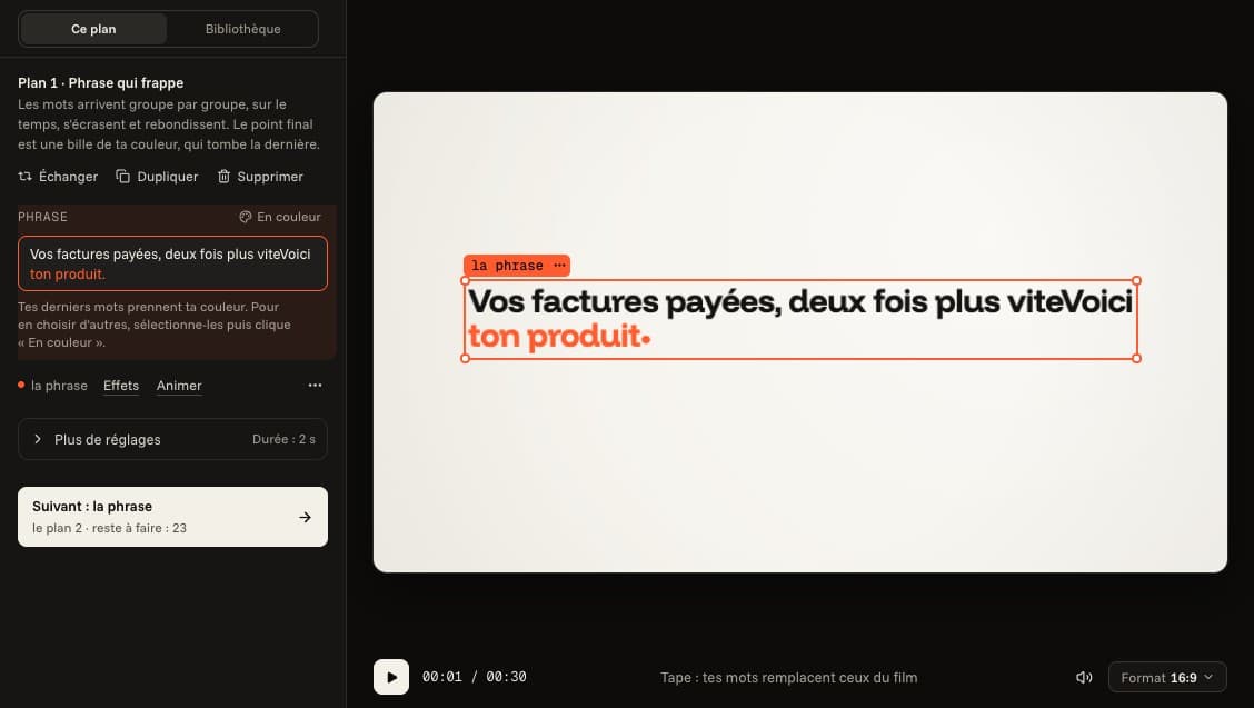 Un titre cliqué dans l'image : son champ est ouvert à gauche et le nouveau texte s'affiche dans le film.