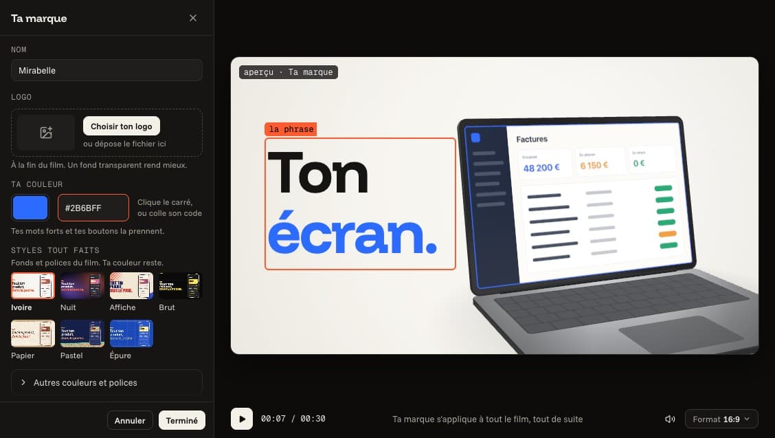 Le panneau « Ta marque » : nom, logo, couleur, puis les styles tout faits.