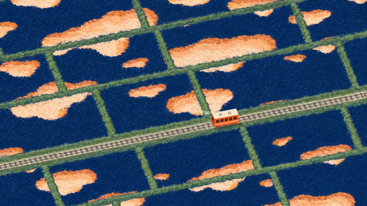 Illustration au pastel : des champs d'eau vus du ciel, où se reflètent des nuages orangés. Un petit autorail orange les traverse sur sa voie.